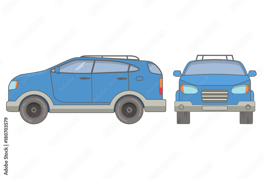 car off road all-wheel drive . Family city transport. Vehicle side view and in front. In flat style a vector. Concept of design of the 5-door SUV car isolated on white background. 
Sport cartoon.