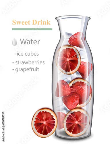 Hydrating detox water drink. Strawberry and red orange flavor. Realistic fres...