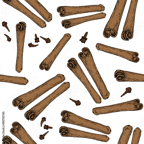  Cinnamon sticks hand drawn seamless pattern on white background . Vector  illustration. Product to prepare delicious and healthy food.  Vector black vintage engraving illustration.  