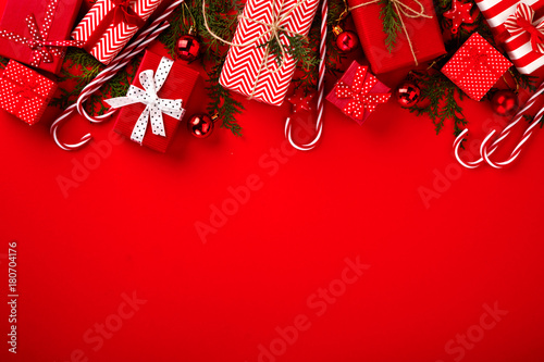 Christmas Gifts Boxes Color Red Background Tradition Decoration Holiday  Postcard Wooden Lettering Inscription Top View Copy space for Text Flat Lay