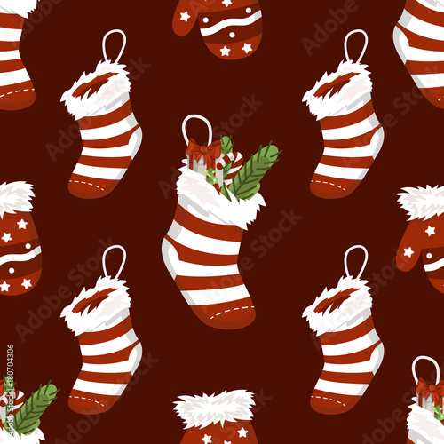 Vector illustration of Christmas socks with presents seamless pattern