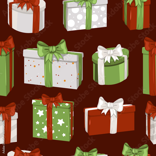 Cute gift boxes, presents for Christmas holidays. Seamless vector pattern.