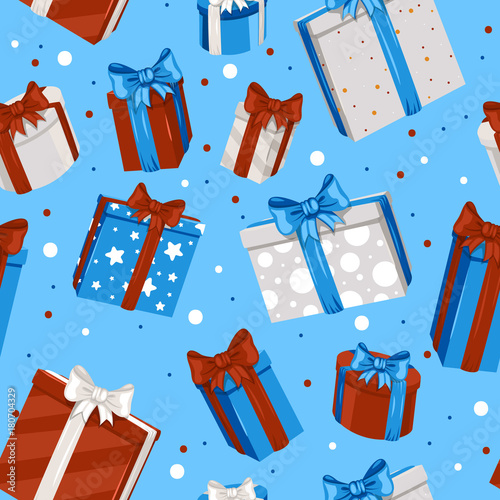Cute gift boxes, presents for Christmas holidays. Seamless vector pattern.