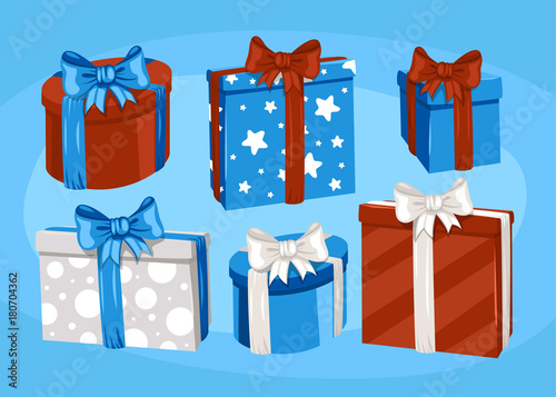 Cute gift boxes, presents for Christmas holidays. Vector illustration elements
