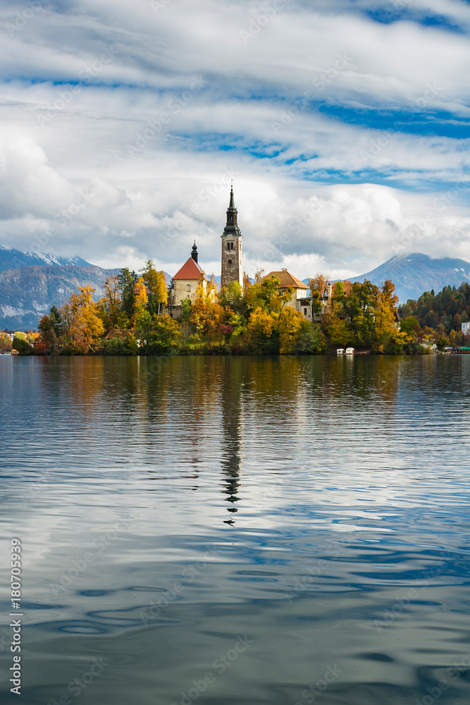 Morning at lake Bled with church on an island at autumn