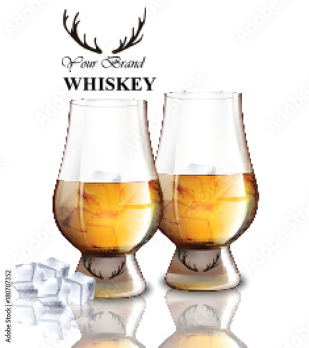 Whiskey glasses with ice cubes isolated on white. Vector realistic illustrations