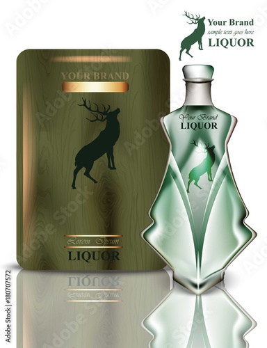 Liquor bottle packaging design Vector. Realistic product with brand vintage l...
