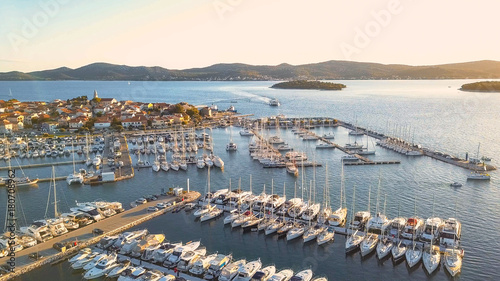 Aerial View of Yacht Club and Marina in Croatia, 4K. Biograd na moru