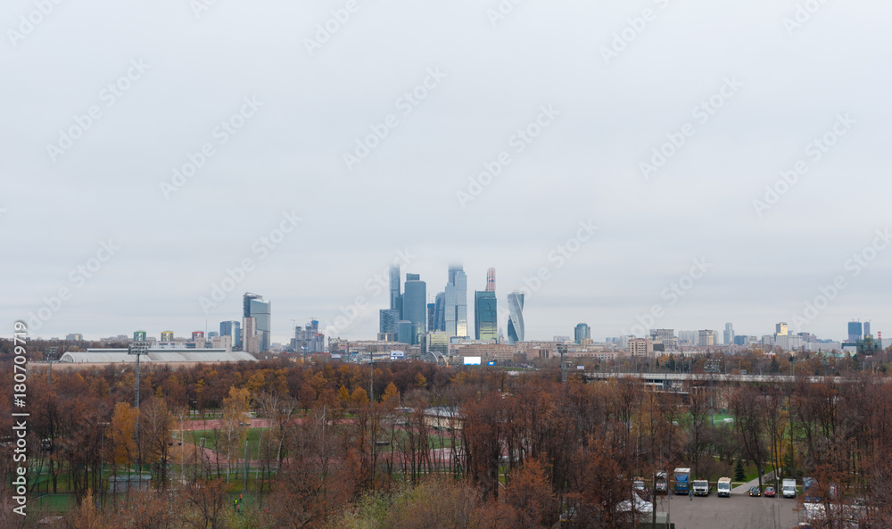 November 4, 2017 Moscow, Russia. View of the business center of Moscow City about the Luzhniki stadium.