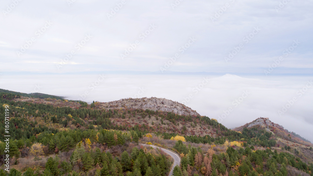 High Attitude Road In Mountain With A Lot Of Fog Aerial View High Attitude Road In Mountain With A Lot Of Fog Aerial View