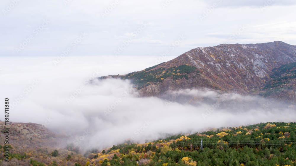 High Attitude Mountains With A Lot Of Mist Aerial View Autumn