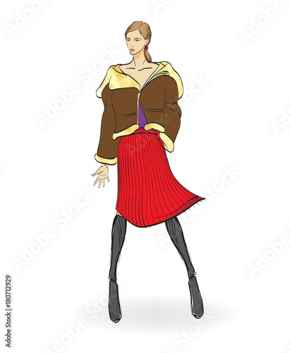 Autumn-winter 2018. Lovely girl in  sheepskin coat, on white background. Vector illustration.