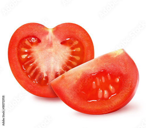 Ripe red tomato and a slice of tomato isolated on a white background. Design element for product label, catalog print, web use.