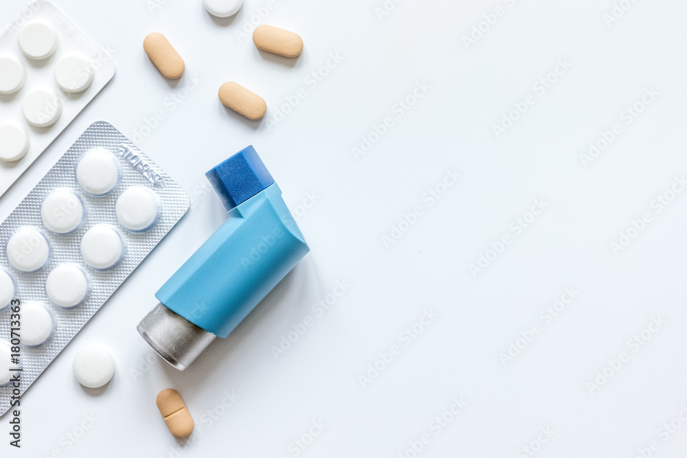 concept asthma and treatment on white background top view concept asthma and treatment on white background top view