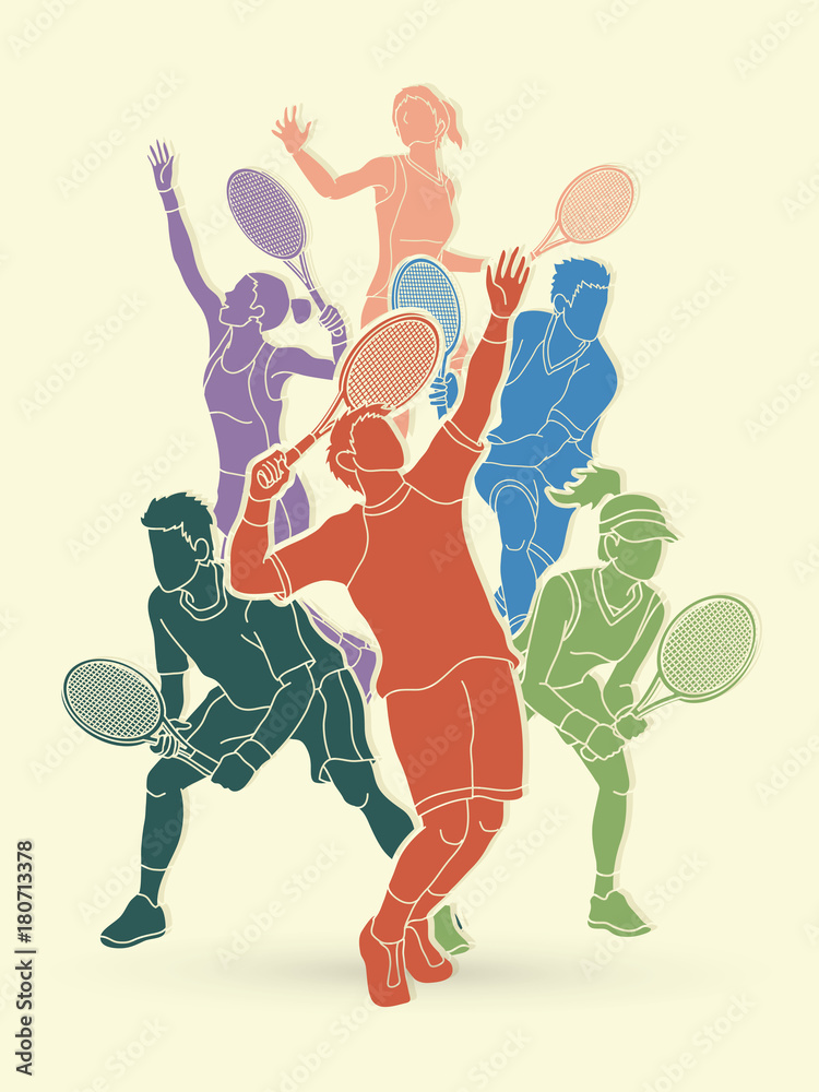 Tennis players , Men and Women action graphic vector.