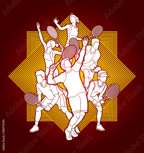 Tennis players , Men and Women action designed on line square background graphic vector.