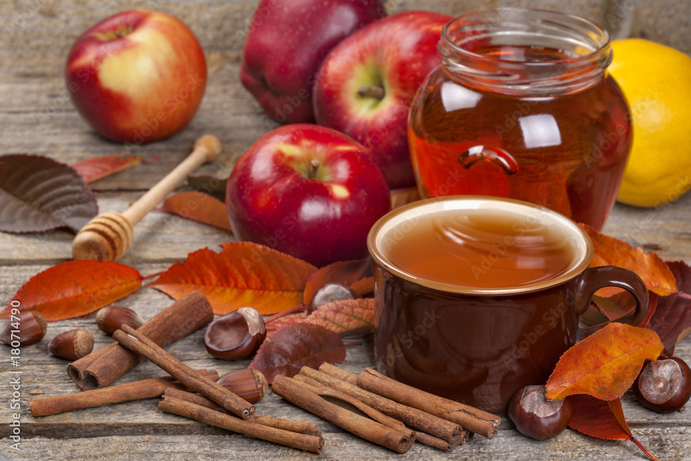 Tea from apple and cinnamon with honey. A healthy concept. Diuretic, aromatic, diabetes, anti-cellulite.