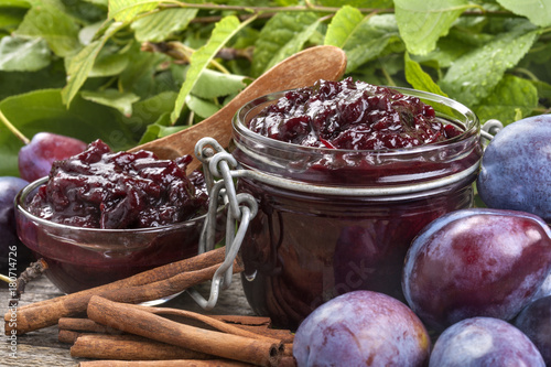 homemade jam made from healthy local organic plums on table