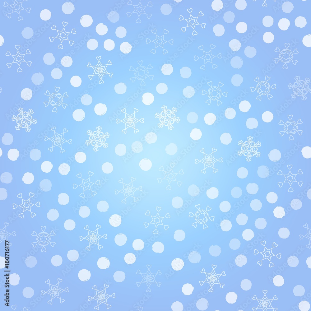 Seamless pattern with abstract snowflakes on blue background. Chaotic, random, scattered winter motives. Vector illustration.