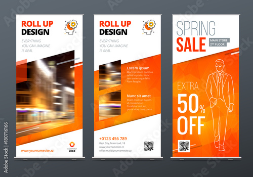 Roll Up banner stand. Presentation concept. Orange Corporate business roll up template background. Vertical template billboard, banner stand or flag design layout. Poster for conference, forum, shop