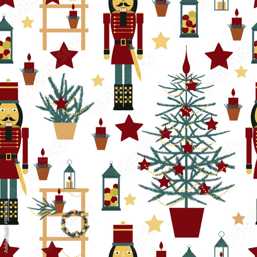 Christmas seamless pattern with Nutcracker, Christmas tree, stars and lanterns.