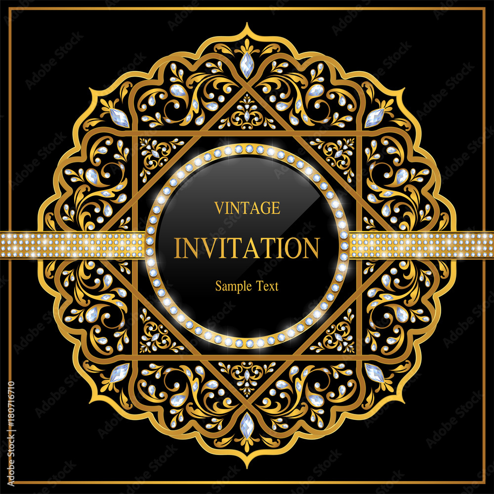 Wedding Invitation card templates with gold patterned and crystals on background color. Wedding Invitation card templates with gold patterned and crystals on background color.