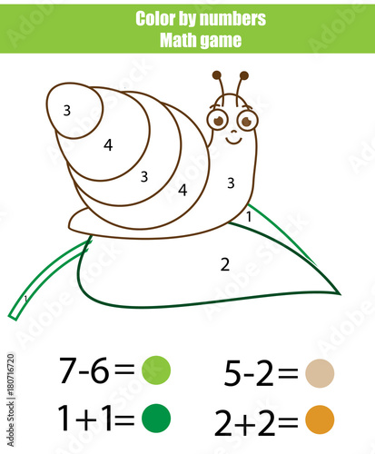 Children educational game. Mathematics actvity. Color by numbers, printable worksheet. Coloring page with snail