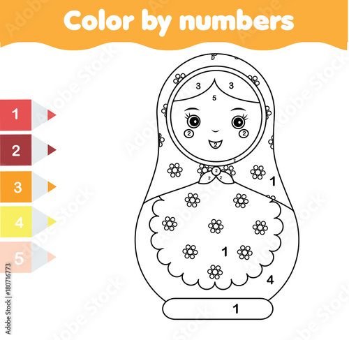 Children educational game. Coloring page with matreshka doll. Color by numbers printable activity