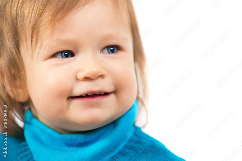 Portrait of a beautiful little smiling girl. Child's face
 face closeup on a white background