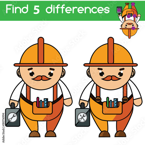 Find the differences educational children game. Kids activity sheet. Professions theme