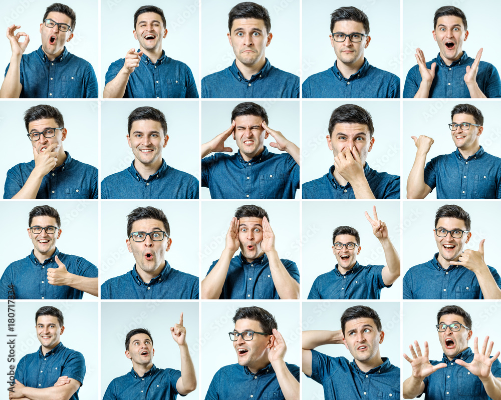 Set of young man's portraits with different emotions and gestures Set of young man's portraits with different emotions and gestures