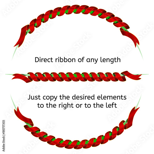Holiday twisted curved ribbons of red gradient. A beautiful shiny decoration. Serpentine strip. Round frame for text. Template for presentations.
