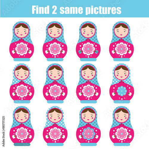 Find the same pictures children educational game. Find pair of matreshka dolls