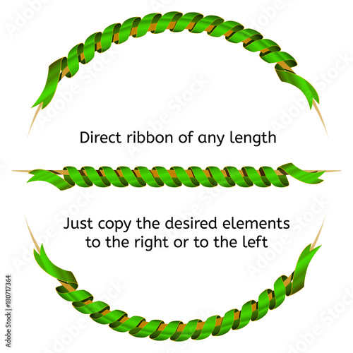 Holiday twisted curved ribbons of green gradient. A beautiful shiny decoration. Serpentine strip. Round frame for text. Template for presentations.