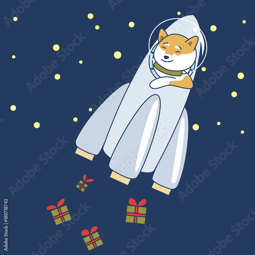 The dog in the rocket gives gifts vector illustration.