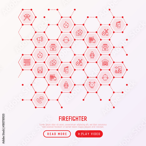 Firefighter concept in honeycombs with thin line icons: fire, extinguisher, axes, hose, hydrant. Modern vector illustration for banner, web page, print media. photo