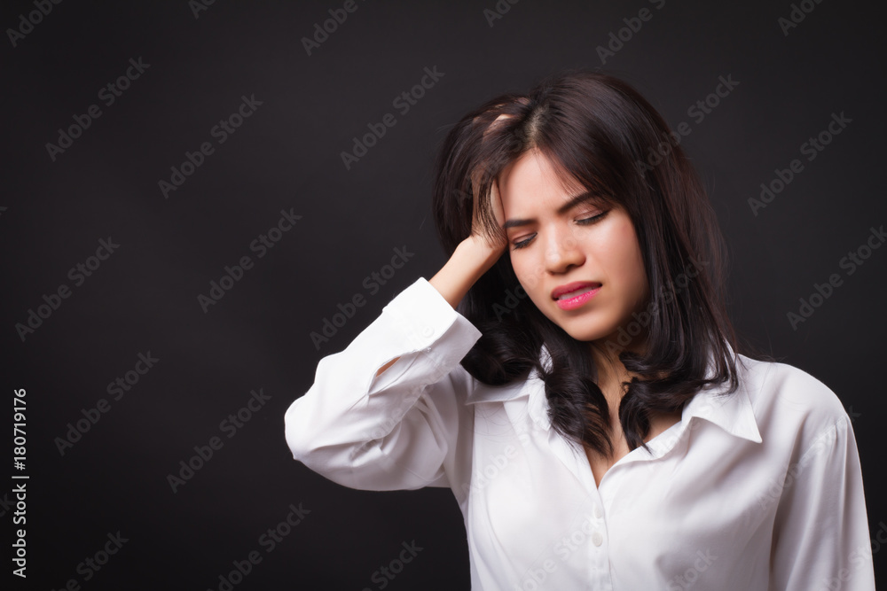 stressed woman with headache, vertigo, dizziness, migraine, hangover stressed woman with headache, vertigo, dizziness, migraine, hangover