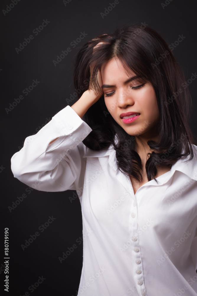 stressed woman with headache, vertigo, dizziness, migraine, hangover stressed woman with headache, vertigo, dizziness, migraine, hangover