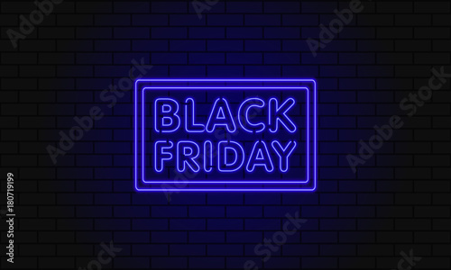 Dark web banner for black Friday sale. Modern neon blue billboard on brick wall. Concept of advertising for seasonal offer with glowing neon text