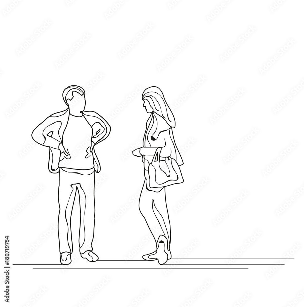 isolated sketch of a man and a woman talking