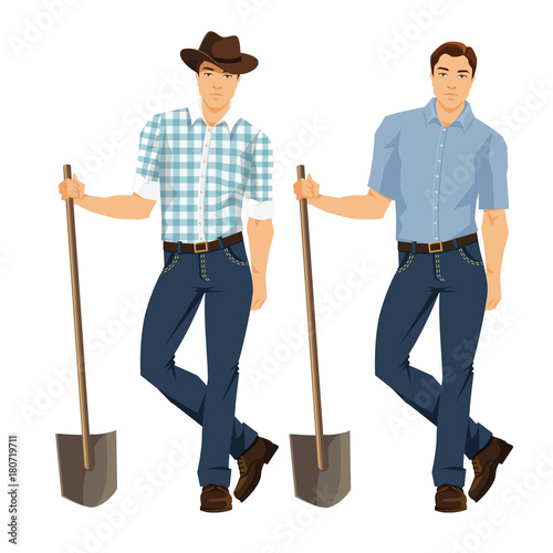 Vector illustration of farmer with shovel isolated on white background. Young man in blue jeans, shirt and hat.