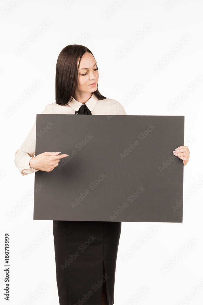 Signboard. Business woman with a big black card. on a white background Signboard. Business woman with a big black card. on a white background