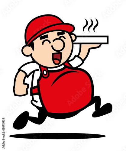 Vector graphic mascot of pizza delivery fat boy. Isolated on white.