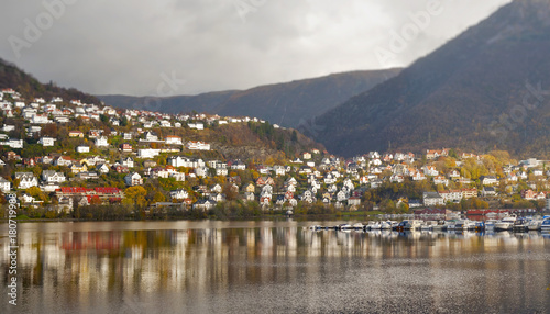 Colorful Landscape Of Norway, Bergen, mountain and foothill houses