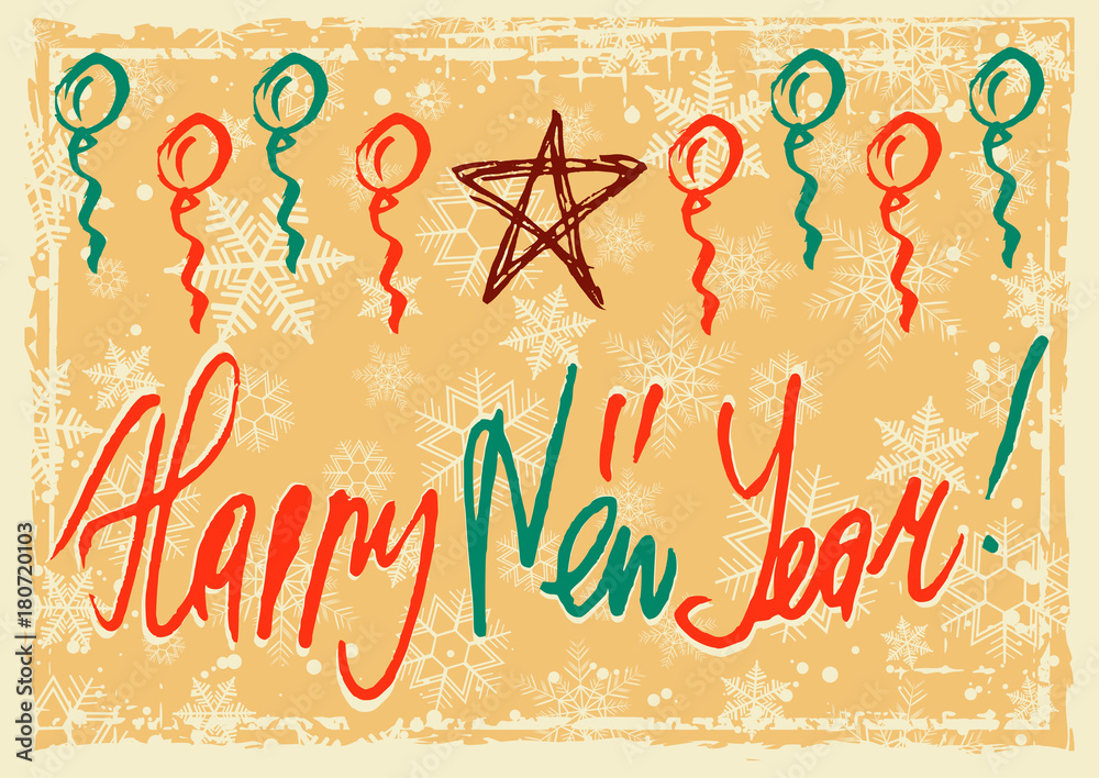 Φωτογραφία Grunge retro style greeting card with Christmas decoration, drawn brush stroke and hand written lettering in christmas colors