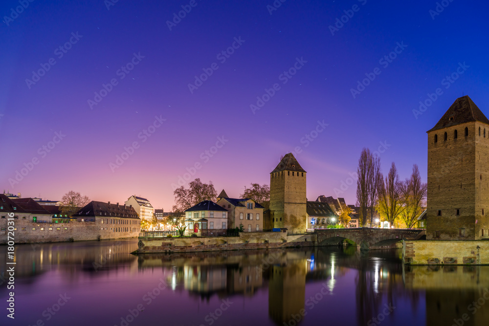 Ponts Couverts and barrage Vauban, night scene of Strasbourg