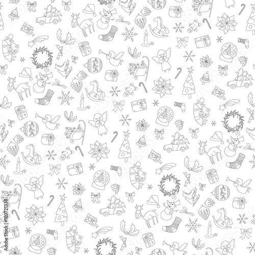 Christmas seamless pattern with gift box  xmas tree  deer  snowman  gingerbread cookie  candle  bell  poinsettia  sleigh  wreath and other. Black line contour on white background
