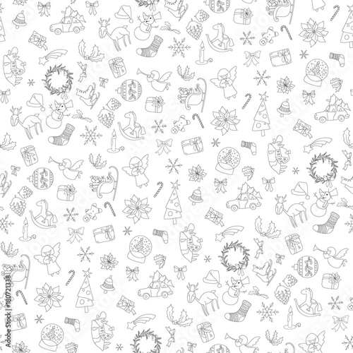 Christmas seamless pattern with gift box, xmas tree, deer, snowman, gingerbread cookie, candle, bell, poinsettia, sleigh, wreath and other. Black line contour on white background