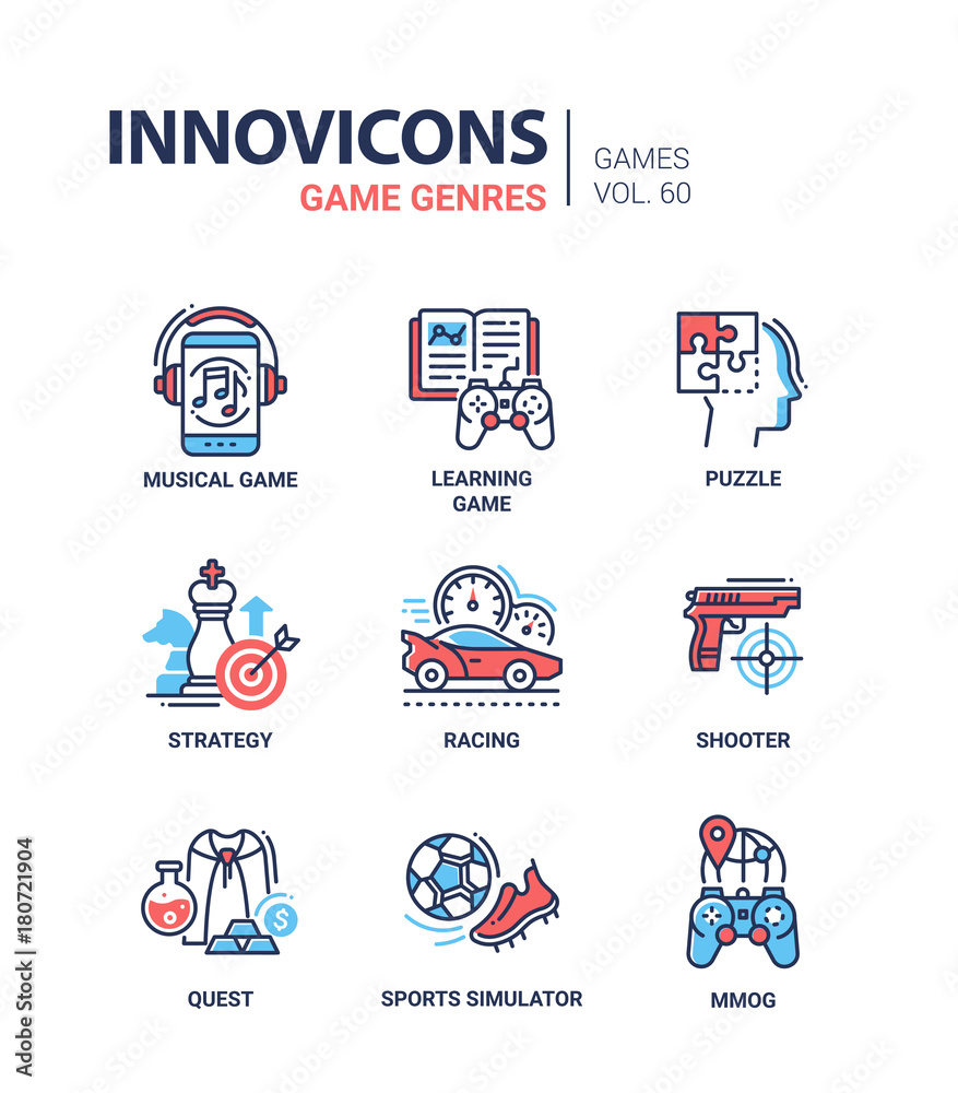 Game genres - line design icons set
