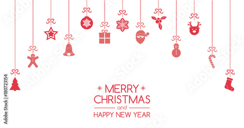 Banner with wishes and hanging Christmas decoration. Vector.